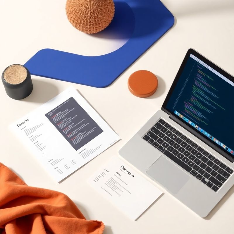 Flat lay di documentazione tecnica cartacea accanto a un laptop che mostra un portale Docusaurus